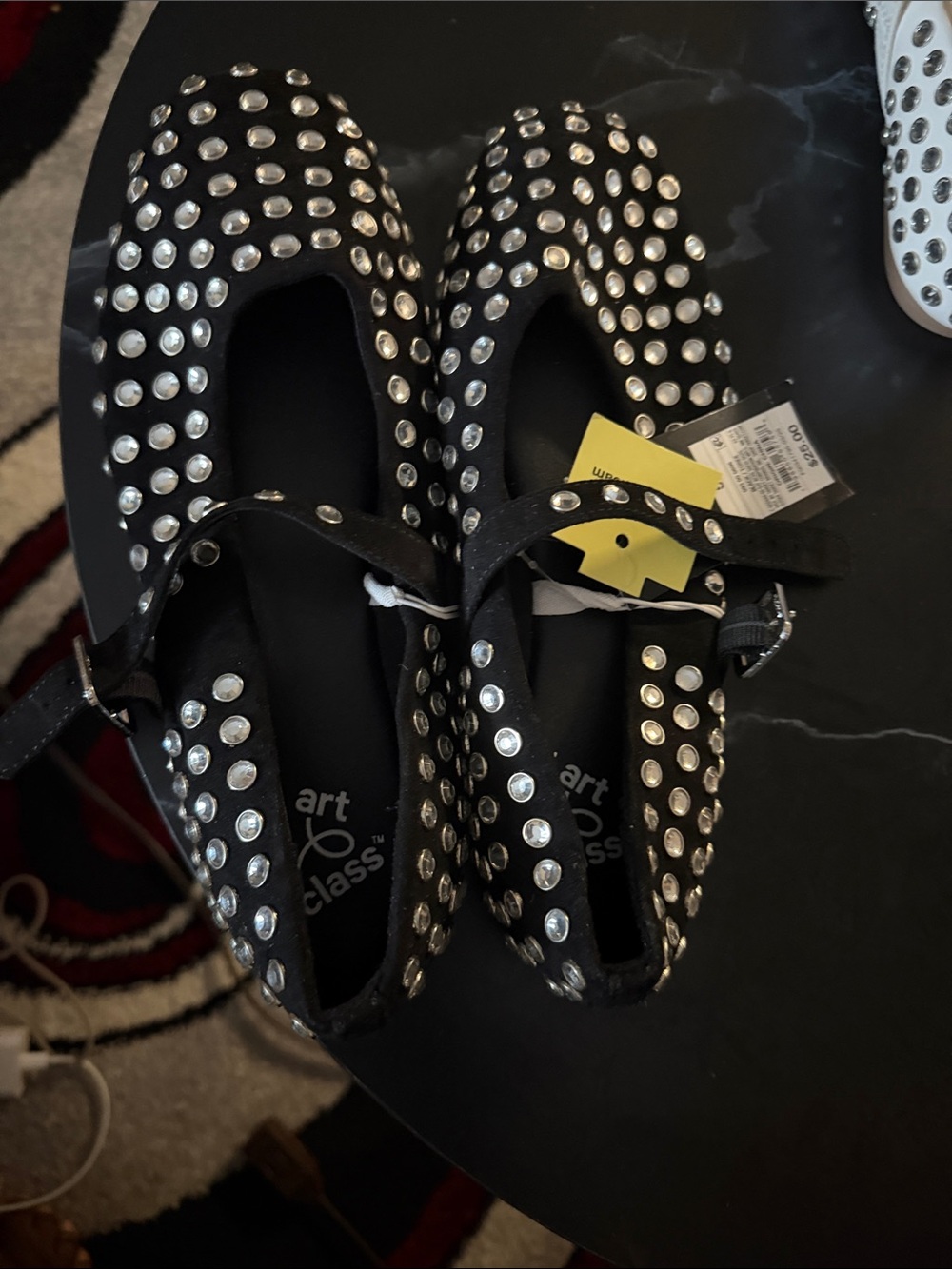 art class Black Studded Mary Jane Flats with Silver Accents
